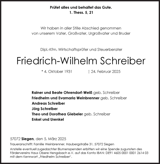 Traueranzeige von Friedrich-Wilhelm Schreiber von Siegener Zeitung