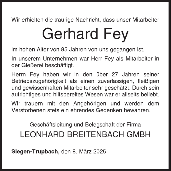 Traueranzeige von Gerhard Fey von Siegener Zeitung