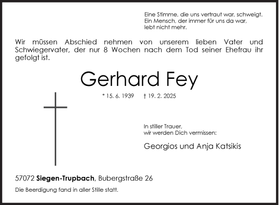 Traueranzeige von Gerhard Fey von Siegener Zeitung