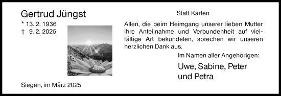 Traueranzeige von Gertrud Jüngst von Siegener Zeitung