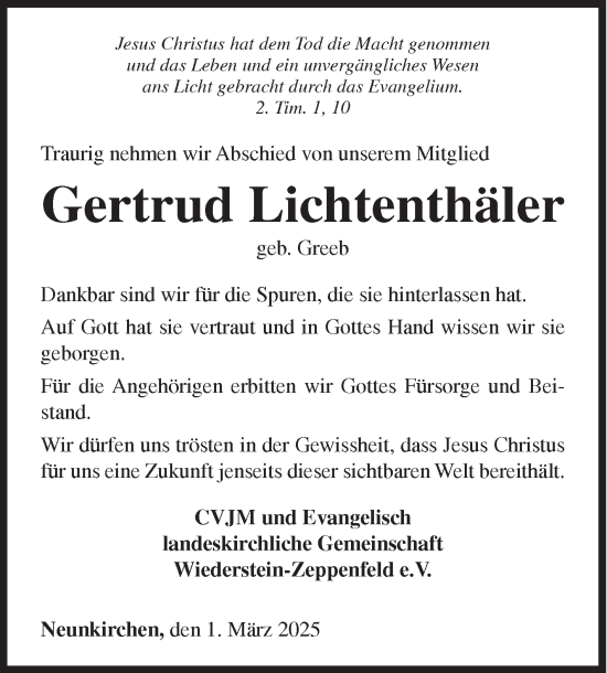 Traueranzeige von Gertrud Lichtenthäler von Siegener Zeitung
