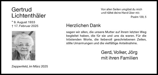 Traueranzeige von Gertrud Lichtenthäler von Siegener Zeitung