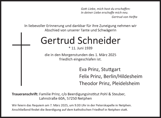 Traueranzeige von Gertrud Schneider von Siegener Zeitung