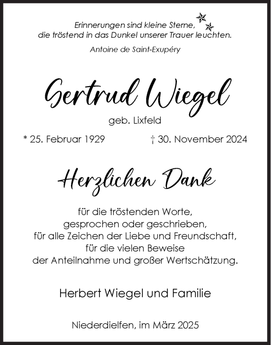 Traueranzeige von Gertrud Wiegel von Siegener Zeitung