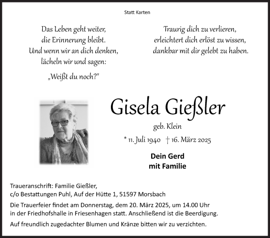 Traueranzeige von Gisela Gießler von Siegener Zeitung