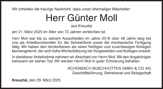 Traueranzeige von Günter Moll von Siegener Zeitung