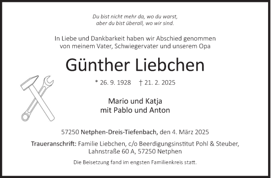 Traueranzeige von Günther Liebchen von Siegener Zeitung
