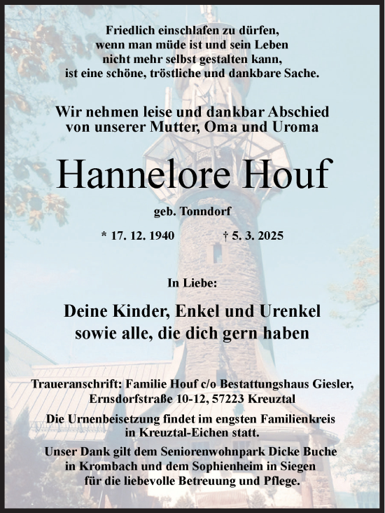 Traueranzeige von Hannelore Houf von Siegener Zeitung