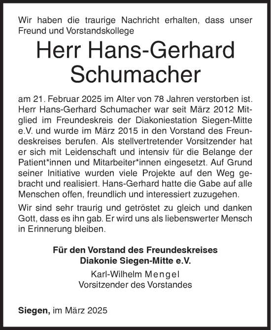 Traueranzeige von Hans-Gerhard Schumacher von Siegener Zeitung