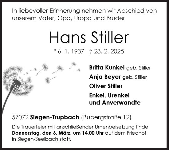 Traueranzeige von Hans Stiller von Siegener Zeitung