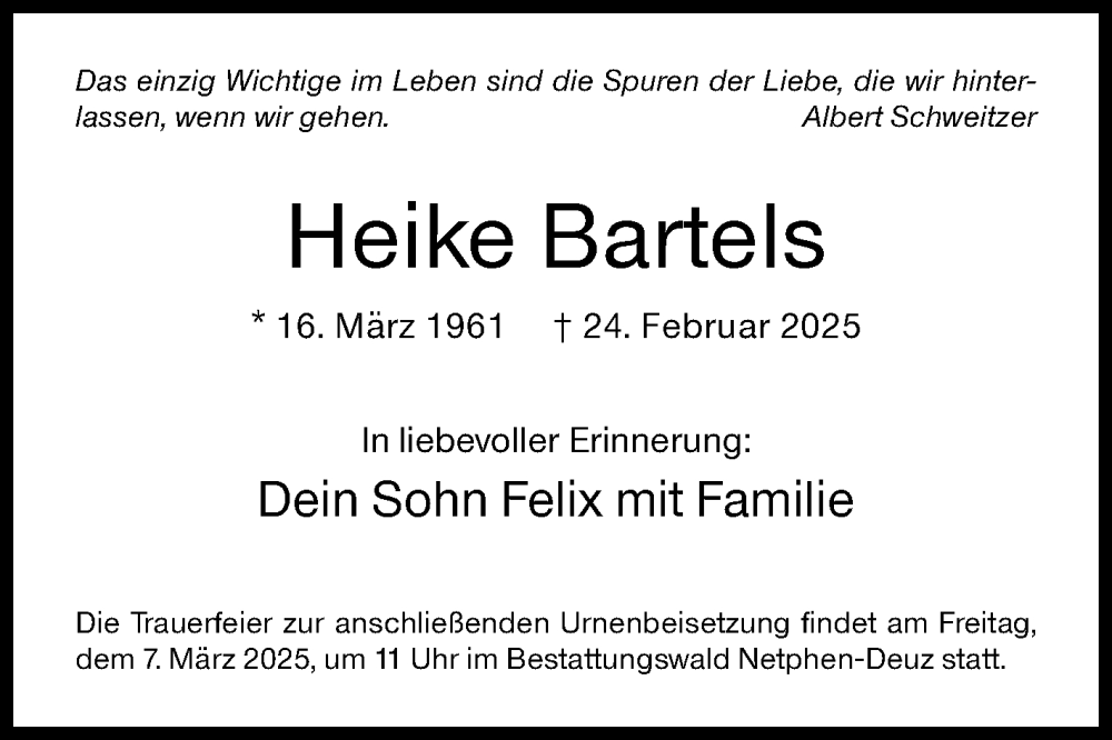  Traueranzeige für Heike Bartels vom 04.03.2025 aus Siegener Zeitung