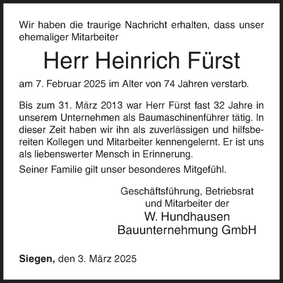 Traueranzeige von Heinrich Fürst von Siegener Zeitung