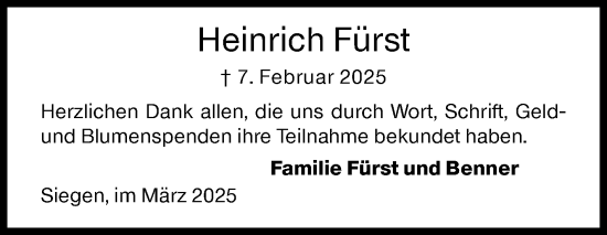 Traueranzeige von Heinrich Fürst von Siegener Zeitung