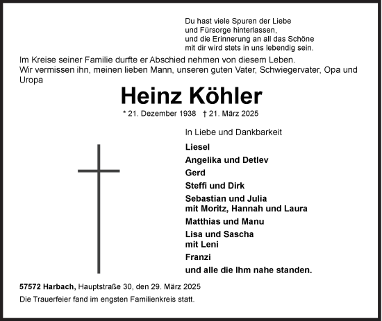 Traueranzeige von Heinz Köhler von Siegener Zeitung