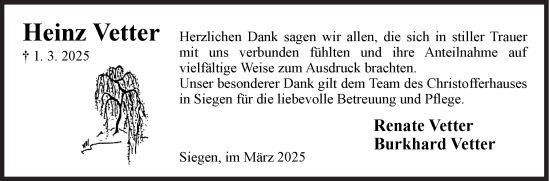 Traueranzeige von Heinz Vetter von Siegener Zeitung