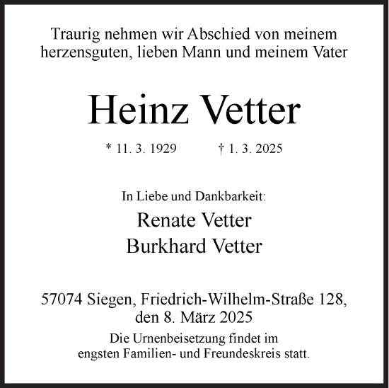 Traueranzeige von Heinz Vetter von Siegener Zeitung