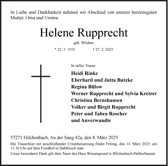 Traueranzeige von Helene Rupprecht von Siegener Zeitung
