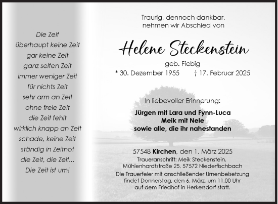 Traueranzeige von Helene Steckenstein von Siegener Zeitung