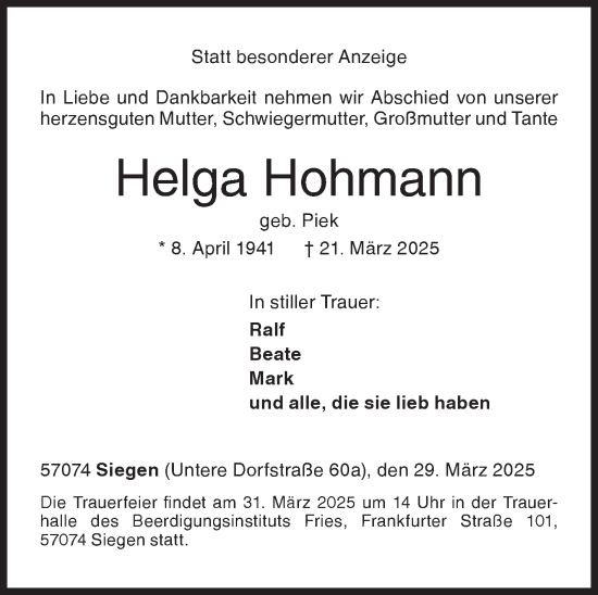 Traueranzeige von Helga Hohmann von Siegener Zeitung