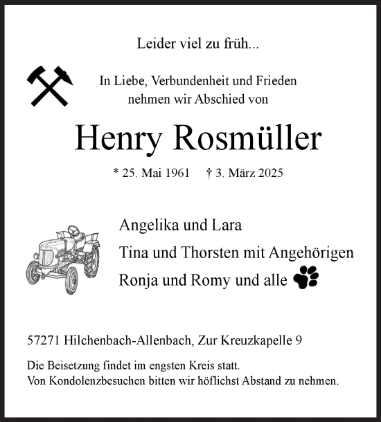 Traueranzeige von Henry Rosmüller von Siegener Zeitung
