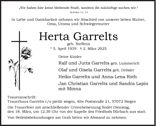 Traueranzeige von Herta Garrelts von Siegener Zeitung