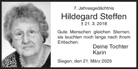Traueranzeige von Hildegard Steffen von Siegener Zeitung