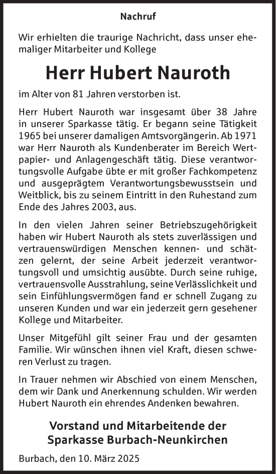 Traueranzeige von Hubert Nauroth von Siegener Zeitung