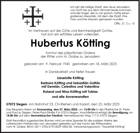 Traueranzeige von Hubertus Kötting von Siegener Zeitung