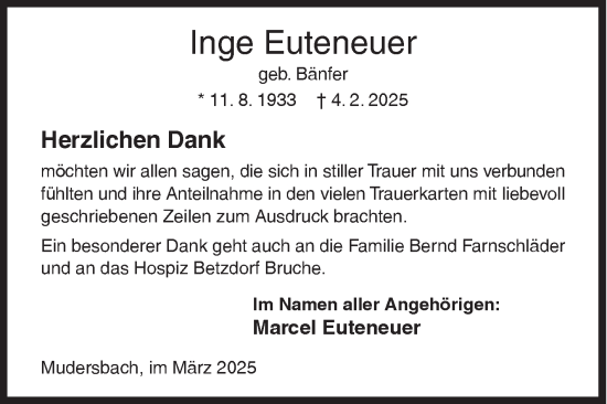 Traueranzeige von Inge Euteneuer von Siegener Zeitung