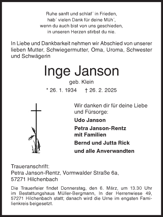 Traueranzeige von Inge Janson von Siegener Zeitung