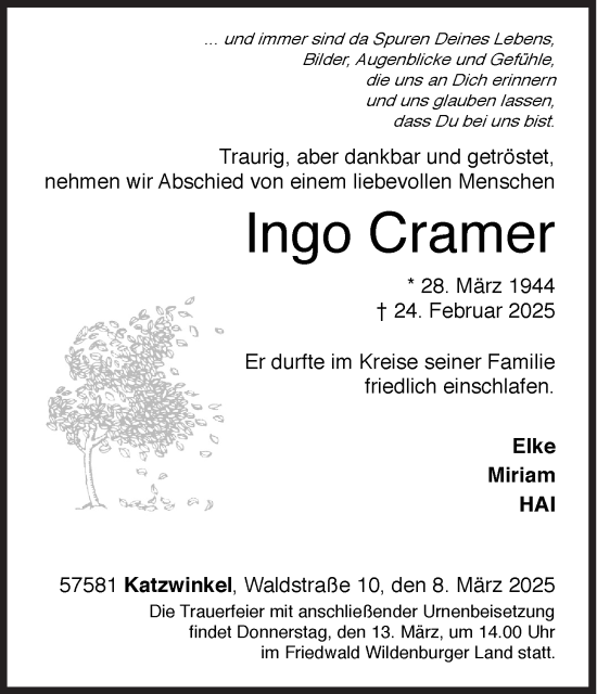 Traueranzeige von Ingo Cramer von Siegener Zeitung