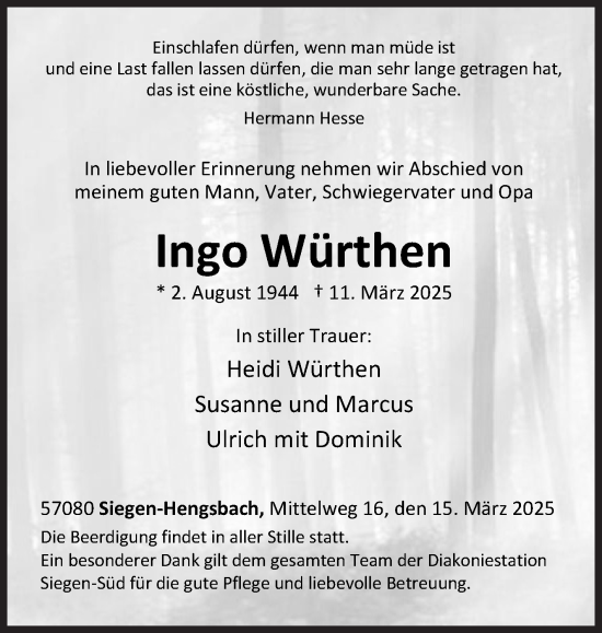Traueranzeige von Ingo Würthen von Siegener Zeitung