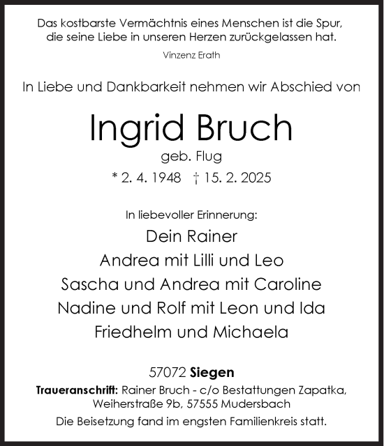 Traueranzeige von Ingrid Bruch von Siegener Zeitung