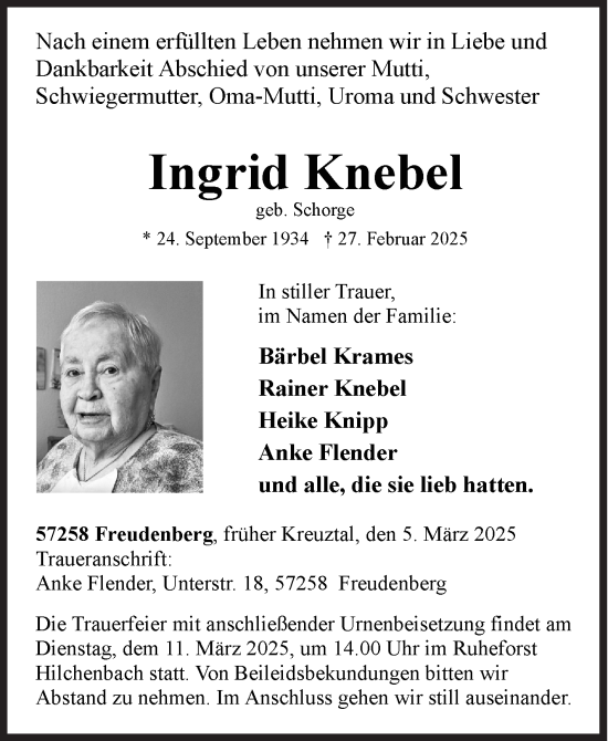 Traueranzeige von Ingrid Knebel von Siegener Zeitung