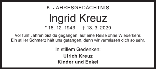 Traueranzeige von Ingrid Kreuz von Siegener Zeitung