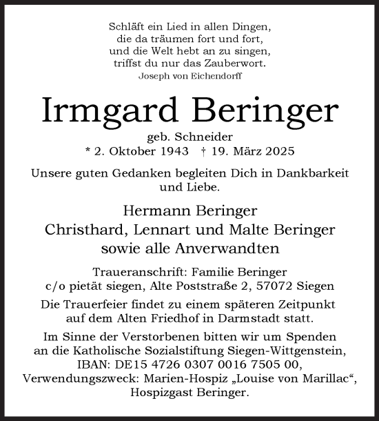 Traueranzeige von Irmgard Beringer von Siegener Zeitung