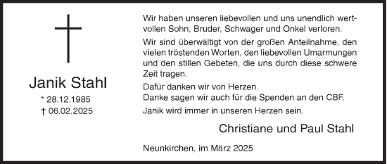 Traueranzeige von Janik Stahl von Siegener Zeitung