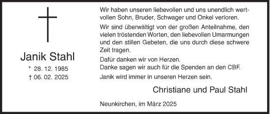 Traueranzeige von Janik Stahl von Siegener Zeitung