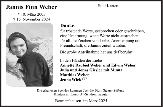 Traueranzeige von Jannis  Weber von Siegener Zeitung