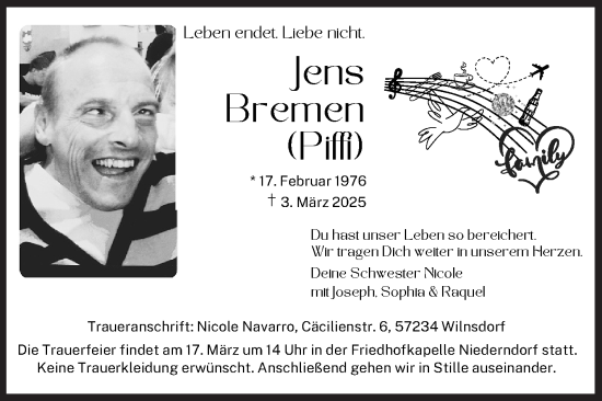 Traueranzeige von Jens Bremen von Siegener Zeitung