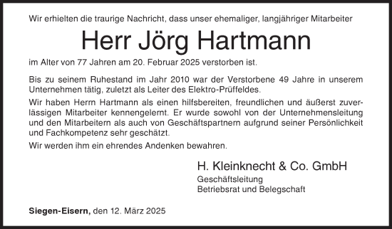 Traueranzeige von Jörg Hartmann von Siegener Zeitung