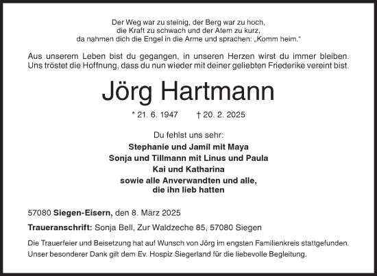 Traueranzeige von Jörg Hartmann von Siegener Zeitung