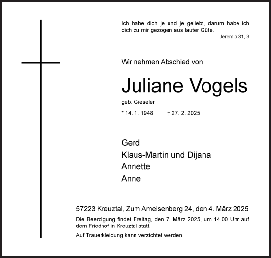 Traueranzeige von Juliane Vogels von Siegener Zeitung
