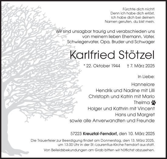 Traueranzeige von Karlfried Stötzel von Siegener Zeitung