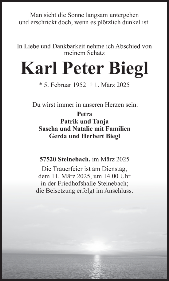 Traueranzeige von Karl Peter Biegl von Siegener Zeitung