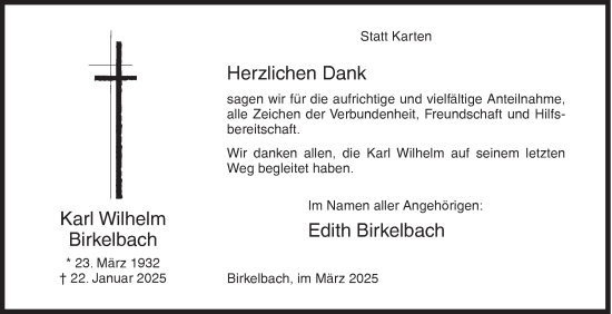Traueranzeige von Karl Wilhelm Birkelbach von Siegener Zeitung