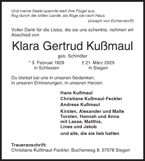 Traueranzeige von Klara Gertrud Kußmaul von Siegener Zeitung
