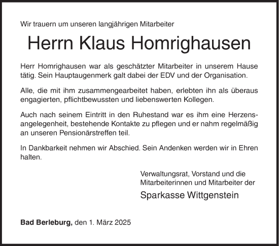 Traueranzeige von Klaus Homrighausen von Siegener Zeitung