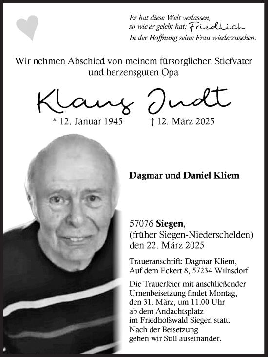 Traueranzeige von Klaus Judt von Siegener Zeitung