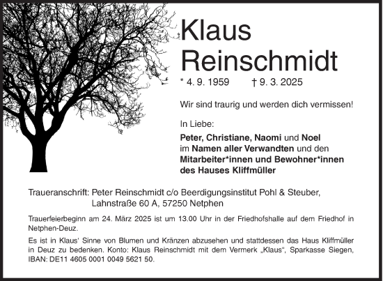Traueranzeige von Klaus Reinschmidt von Siegener Zeitung